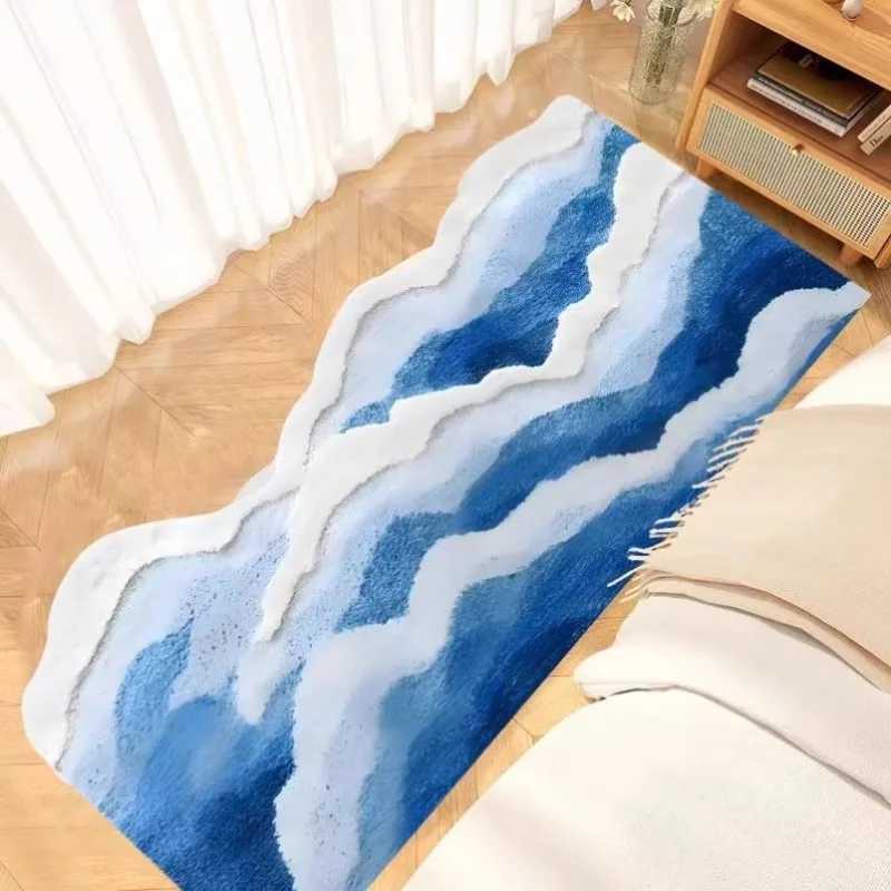 Carpets Aesthetic Wave Rug High-Quality Flocking Antislip Carpet Bathroom Blue Sea Tufted Carpet House Decoration Kid Room Bedside Rug Q240910