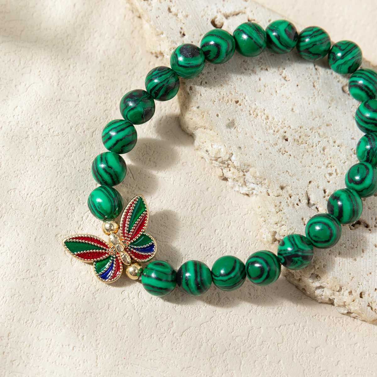 Kirykle Enamel Butterfly Bead Bracelet 8mm Natural Celestite Peacock Bead Elastic Bracelet Womens Healing Spiritual Jewelry W240913