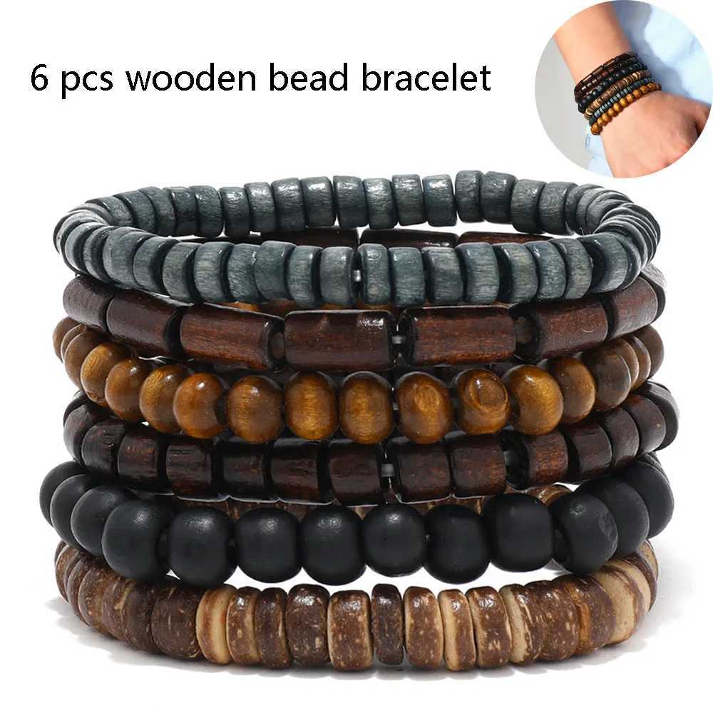 6-piece/set fashionable mens handmade bead bracelet retro style multi-layer elastic wooden bead coconut shell charm bracelet W240913