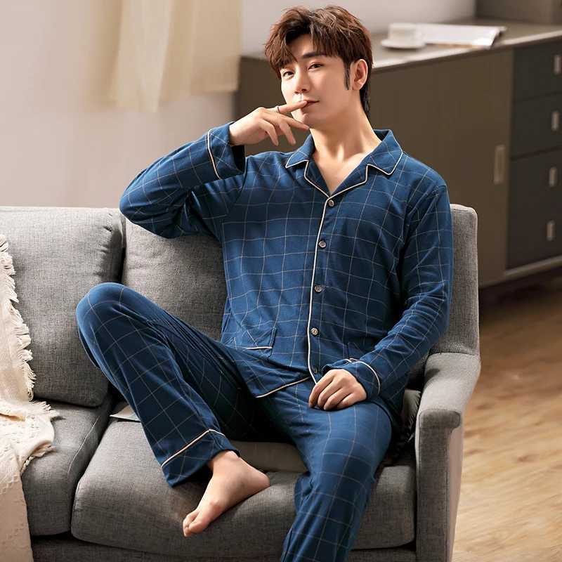 6XL Full Cotton Pijama for Men 2Piece Lounge Sleepwear Pyjamas Plaid Autumn Bedgown Home Clothes Man PJs Pure Cotton Pajamas Set Y240913