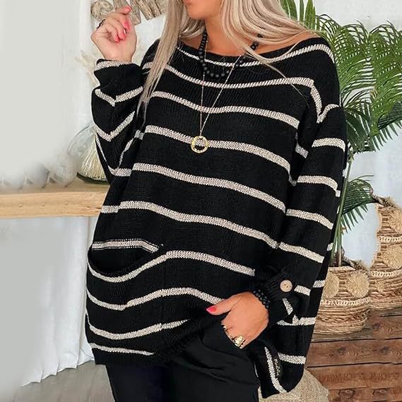 2024 autumn winter new plus size with contrasting stripes, round neck loose and versatile, lazy style sweater for women