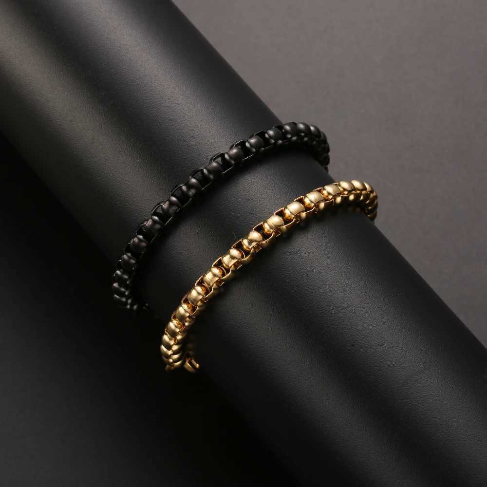 Wholesale Price 6MM Stainless Steel Plated Gold Black Square Pearl Chain Bracelet Fashion Jewelry For Men and Women 18/20cmX240913