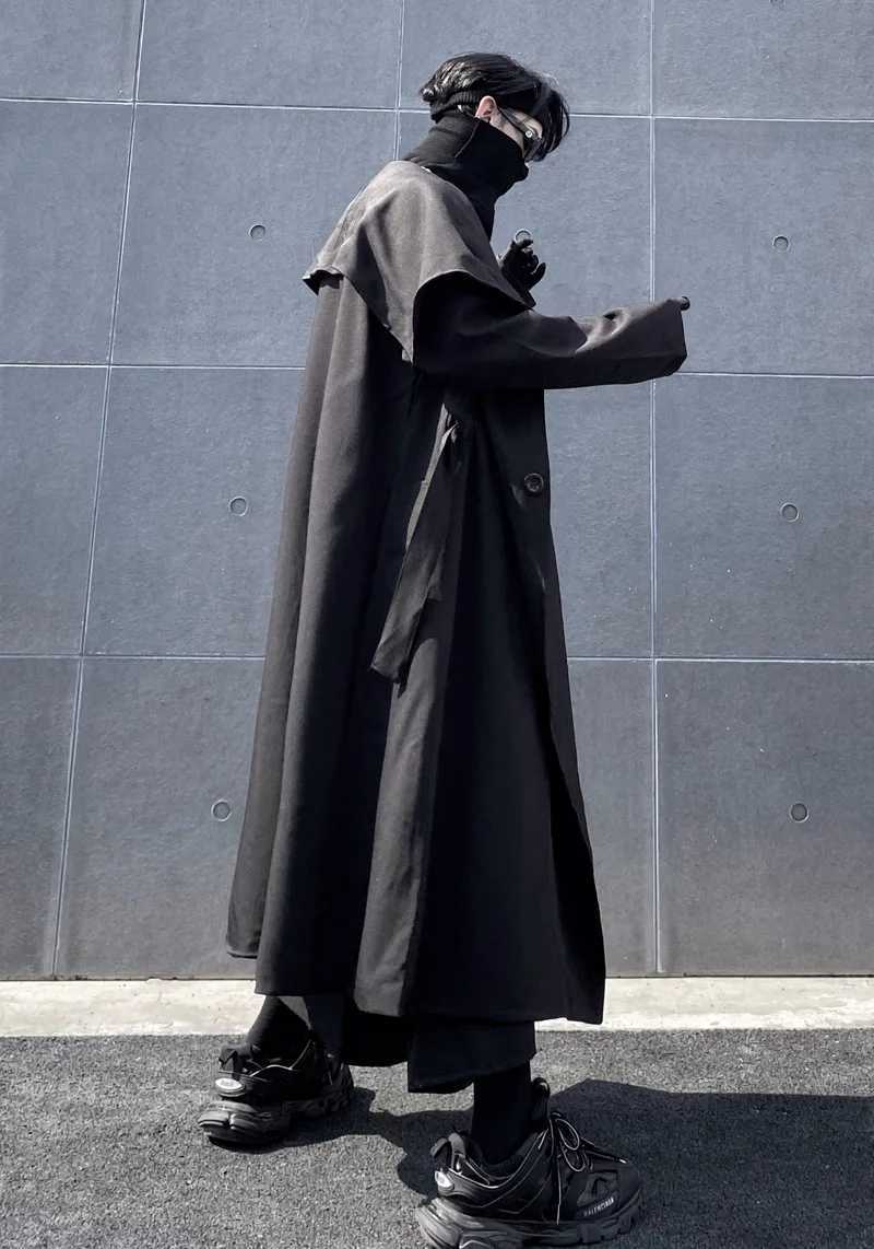 Mens Long Windbreaker Black Loose Large Windbreaker Coat Spring And Autumn New Mens Ins Personality Super Large Neckline Y240913