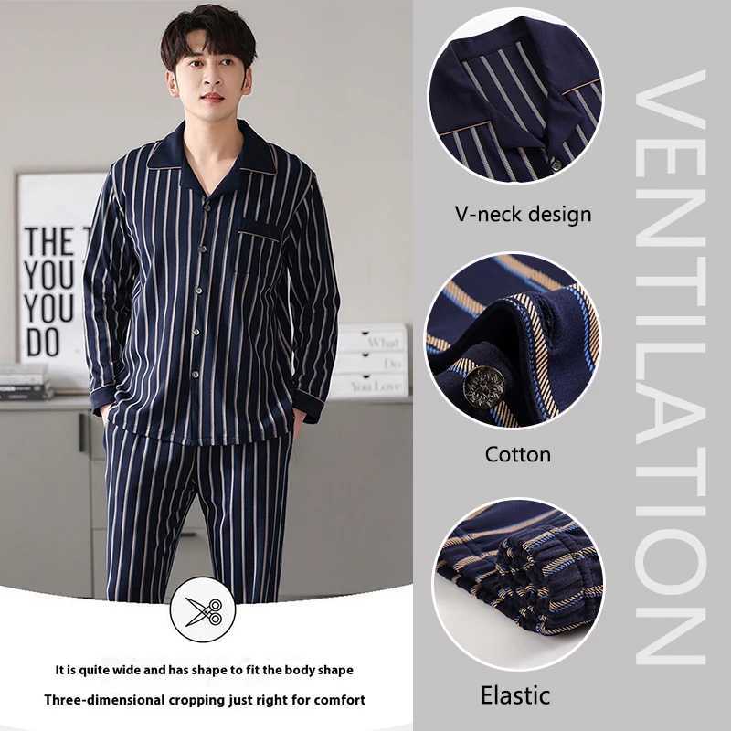 Cotton Plus Size Striped High Quality Pajamas Men Four Seasons Long-Sleeved Lapel Cardigan Homewear Casual Simple Man 2PCS/Set Y240913