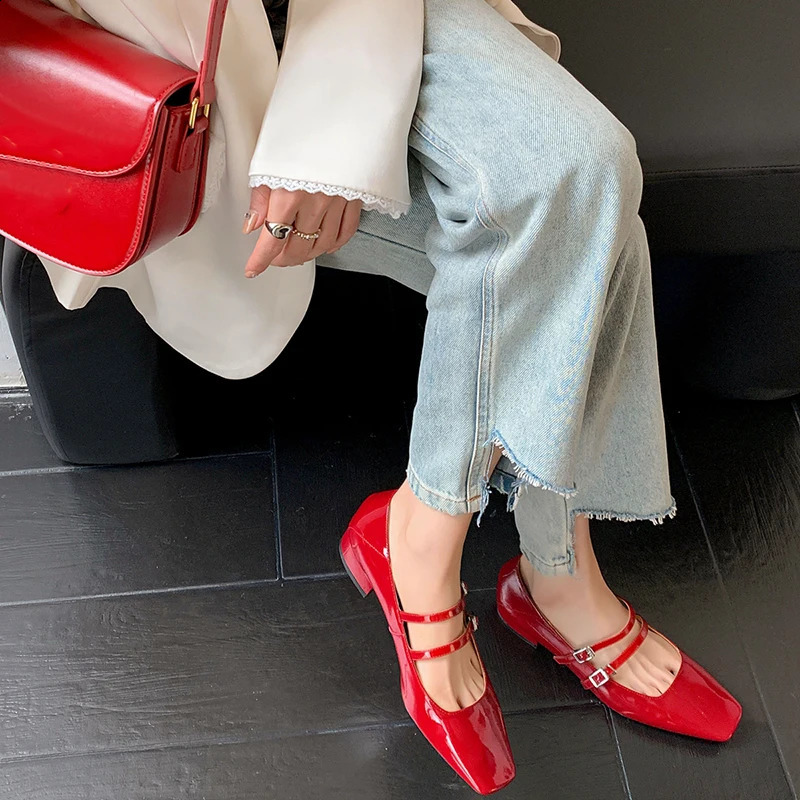 2024 Spring Women Mary Jane Shoes Ladies Fashion Shallow Square Toe Thick High Heel Womens Elegant Red Ballerinas Shoes 240910