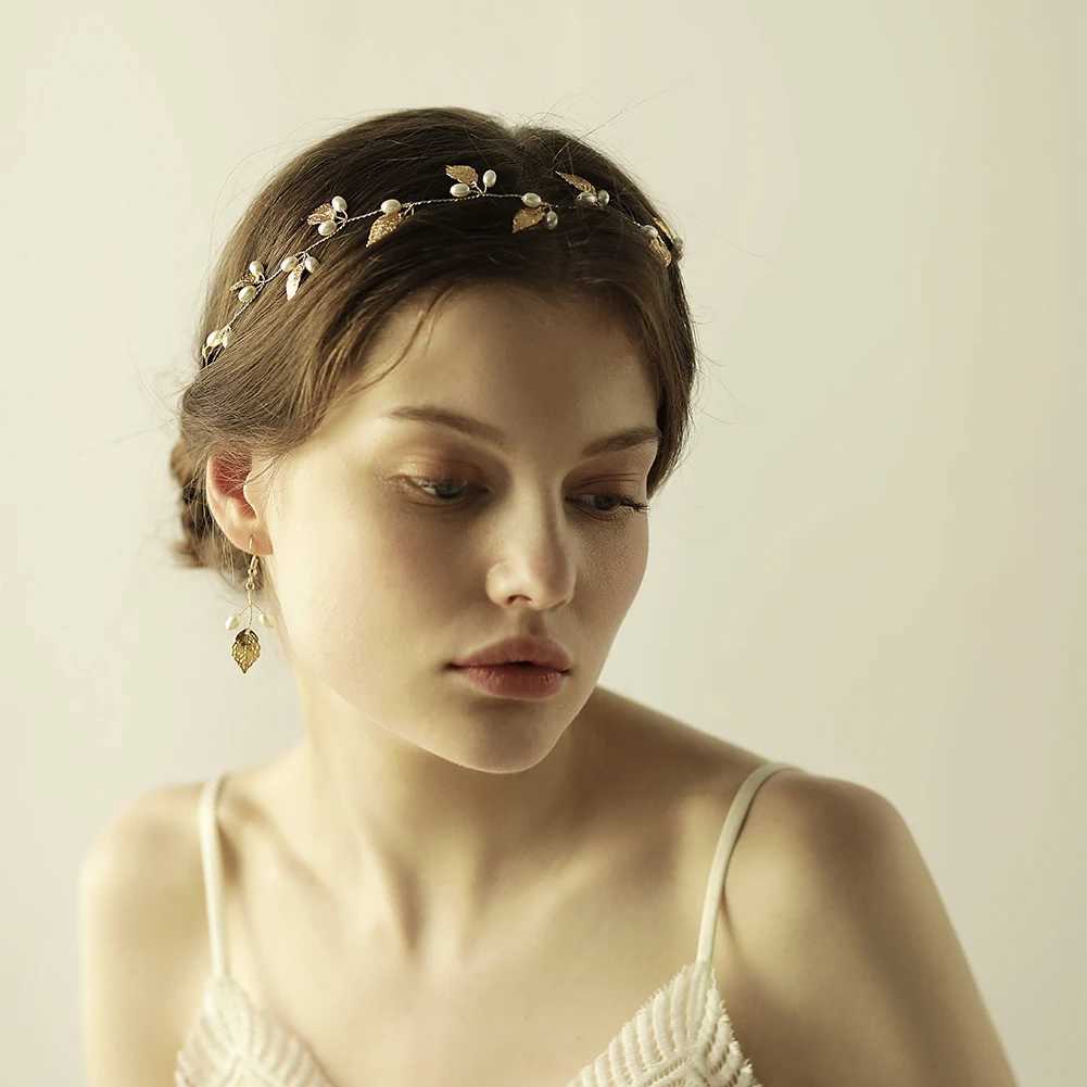 Pearl Flower Headband Tiaras Crowns Girls Silver Gold Color Leaf Headpiece Bridal Hair Jewelry Elegant Wedding Hair AccessoriesX240913