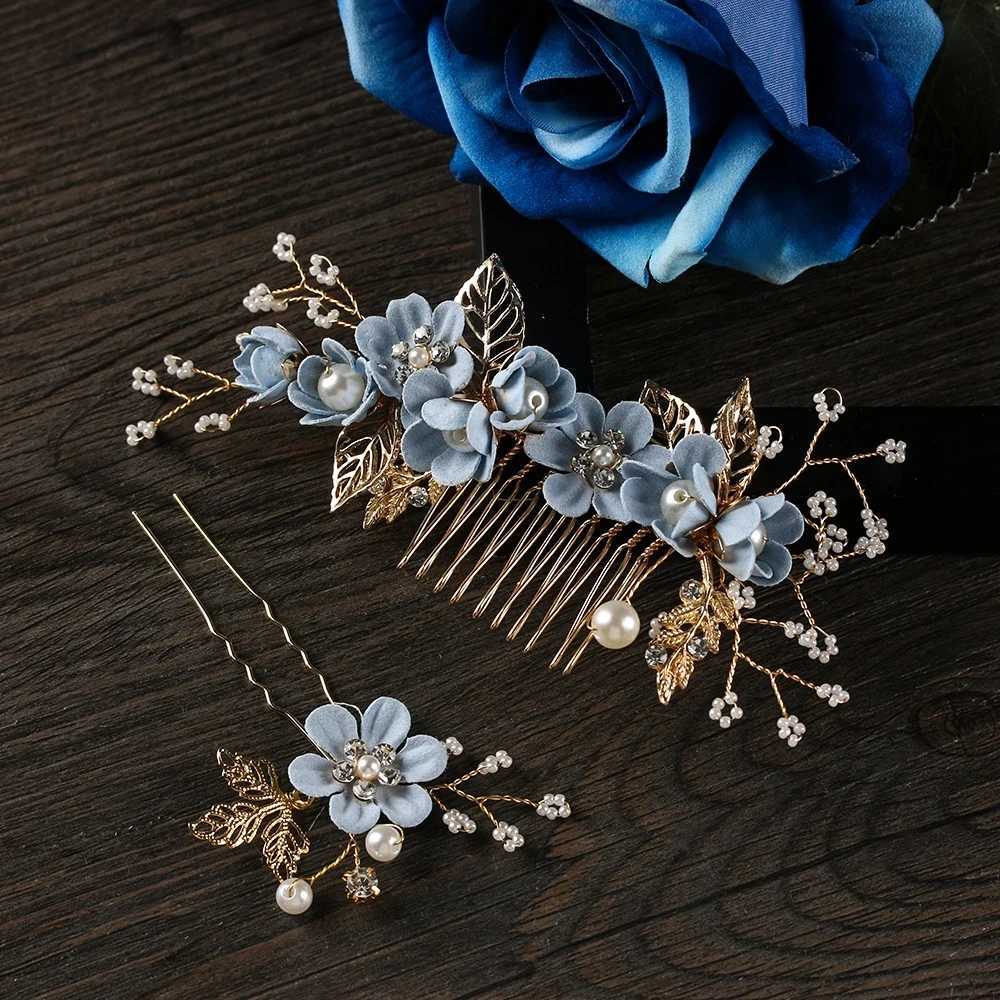 Blue Flower Hairpin Pearls Rhinestone Combs Headdress Prom Bridal Wedding Hair Accessories Gold Leaves Tiara Crown Hair JewelryX240913