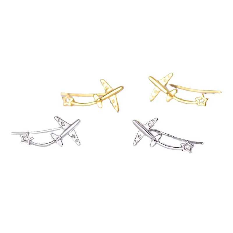 925 Sterling Silver Airplane Star Clip Earrings for Women 2023 Trend Pentagram Zircon Ornament Ear Hook Banquet Fashion JewelryX240913