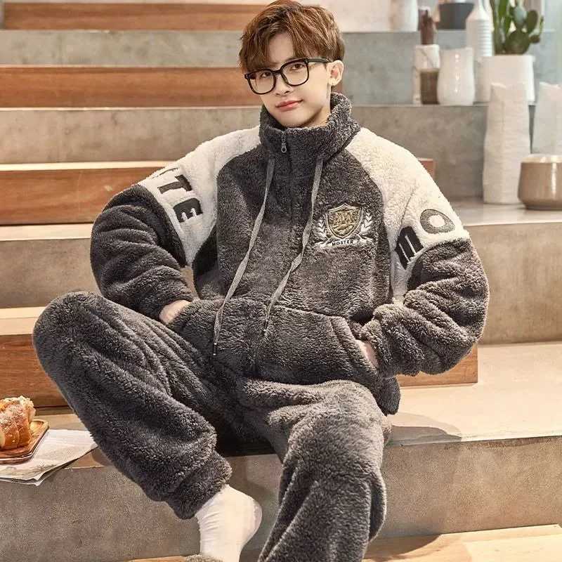 Thickened Pajamas Young Coral Sleepwear Students Zipper Suit Loungewear 2023 New Velvet Loose Men Winter Homewear Autumn Y240913