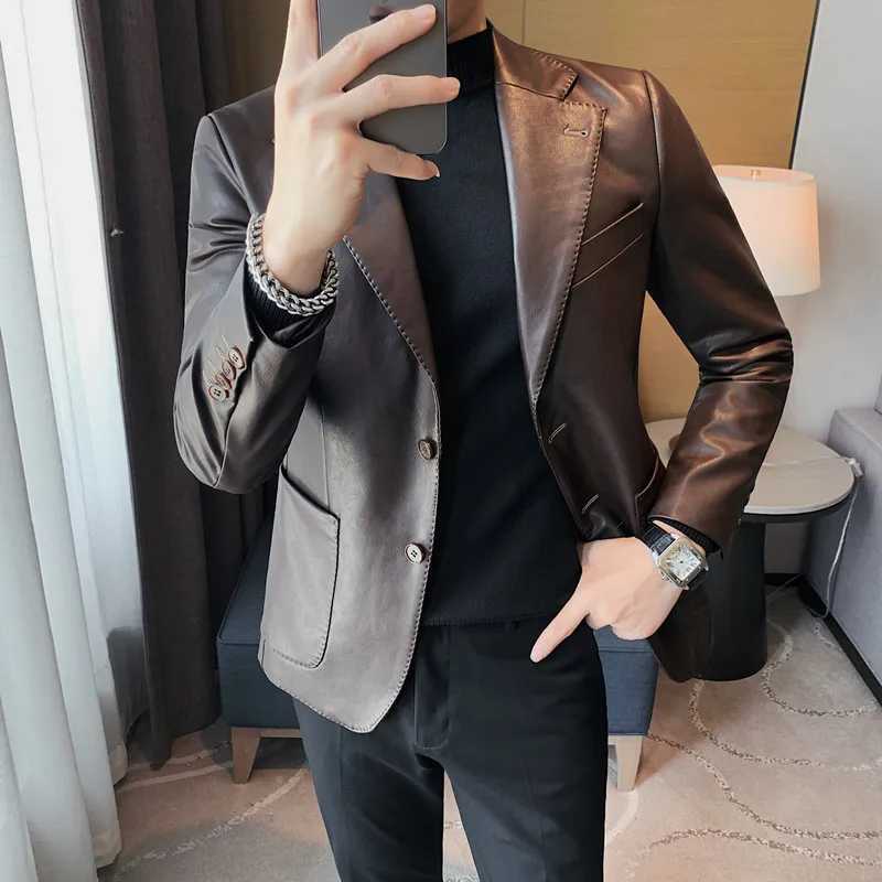 Brand Clothing Men Spring Blazers High Quality Casual Leather Jacket/Male Slim Fit Fashion Leather Suit Coat Plus Size S-3XLX240913
