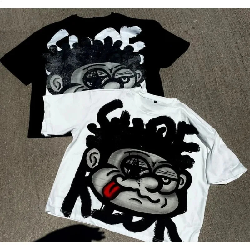 Y2K summer short sleeved retro oversized T-shirt womens retro top retro big face graphic print 100% pure cotton T-shirt mens 240912