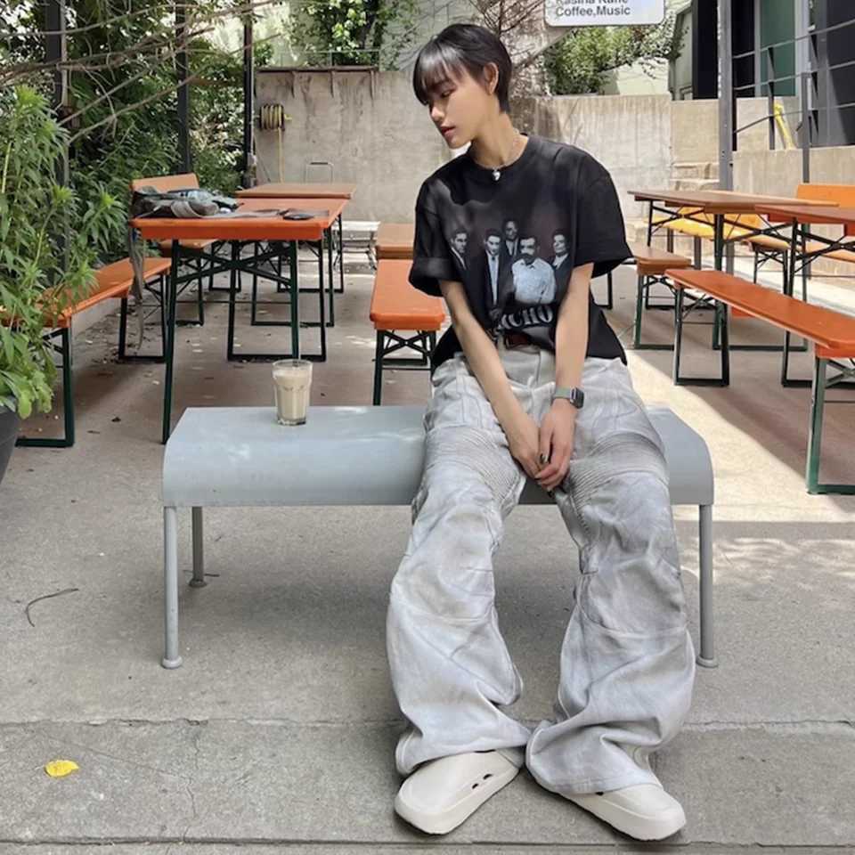 Dirty Dyed Patchwork Wide Leg Baggy Jeans for Men and Women Straight Y2k Ropa Hombre Denim Trousers Oversized Casual Cargo Pants M240912