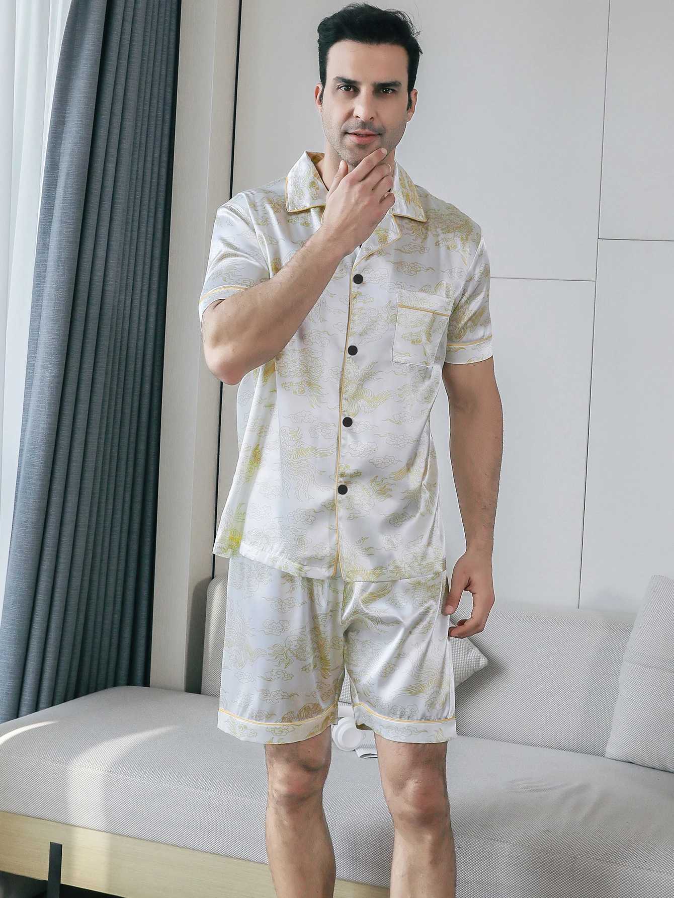 Two piece sets for mens pajamas summer short sleeved shorts auspicious cloud pattern printed home clothing sleepwear set Y240913