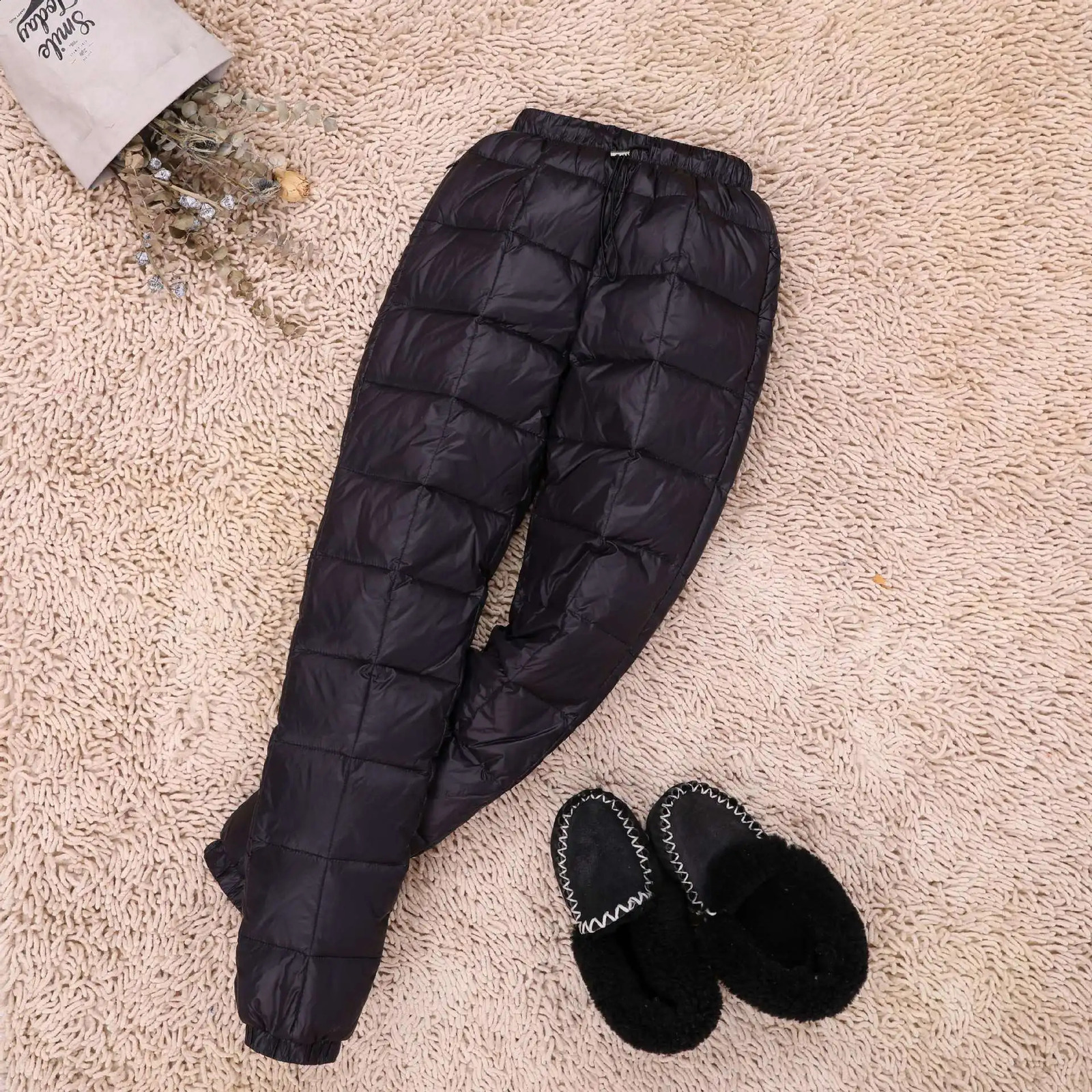 Mens Winter Elastic Waist Feather Sweat Pants Outer Wear High Waist Cold-Resistant Warm White Duck down Pants 240913