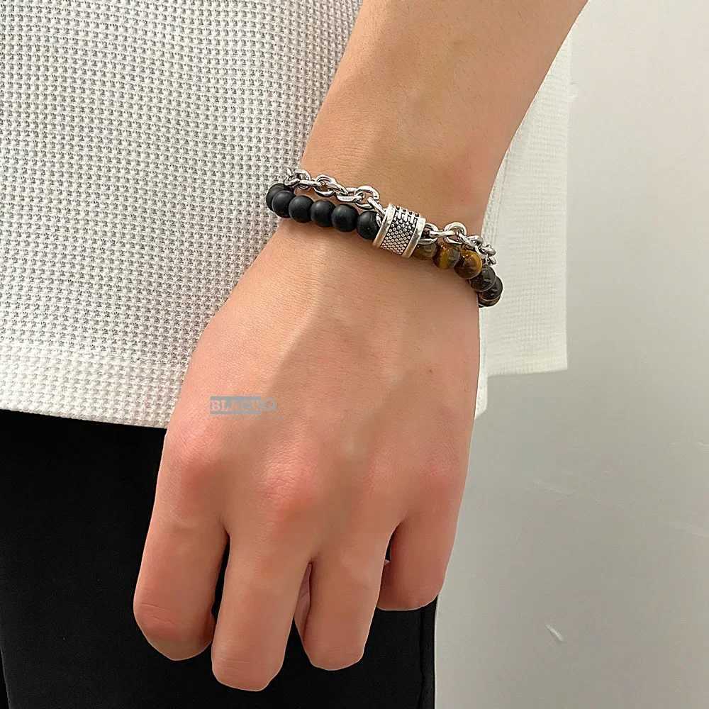 2-layer frosted black stainless steel chain bracelet mens tiger eye natural stone bead bracelet mens bead bracelet W240913