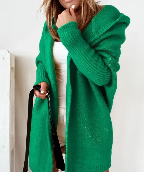 Cardigan for Women Autumn Fashion Solid Color Long Sleeved Temperament Commuting Loose Knit Open Front Hooded Sweater 240904