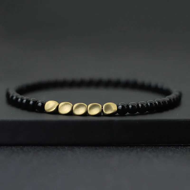 4mm Bead Bracelet Natural Matte Tiger Eye Stone Brass Charm Bracelet Mens Jewelry Gift Pulsera W240913