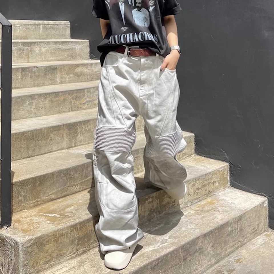 Dirty Dyed Patchwork Wide Leg Baggy Jeans for Men and Women Straight Y2k Ropa Hombre Denim Trousers Oversized Casual Cargo Pants M240912