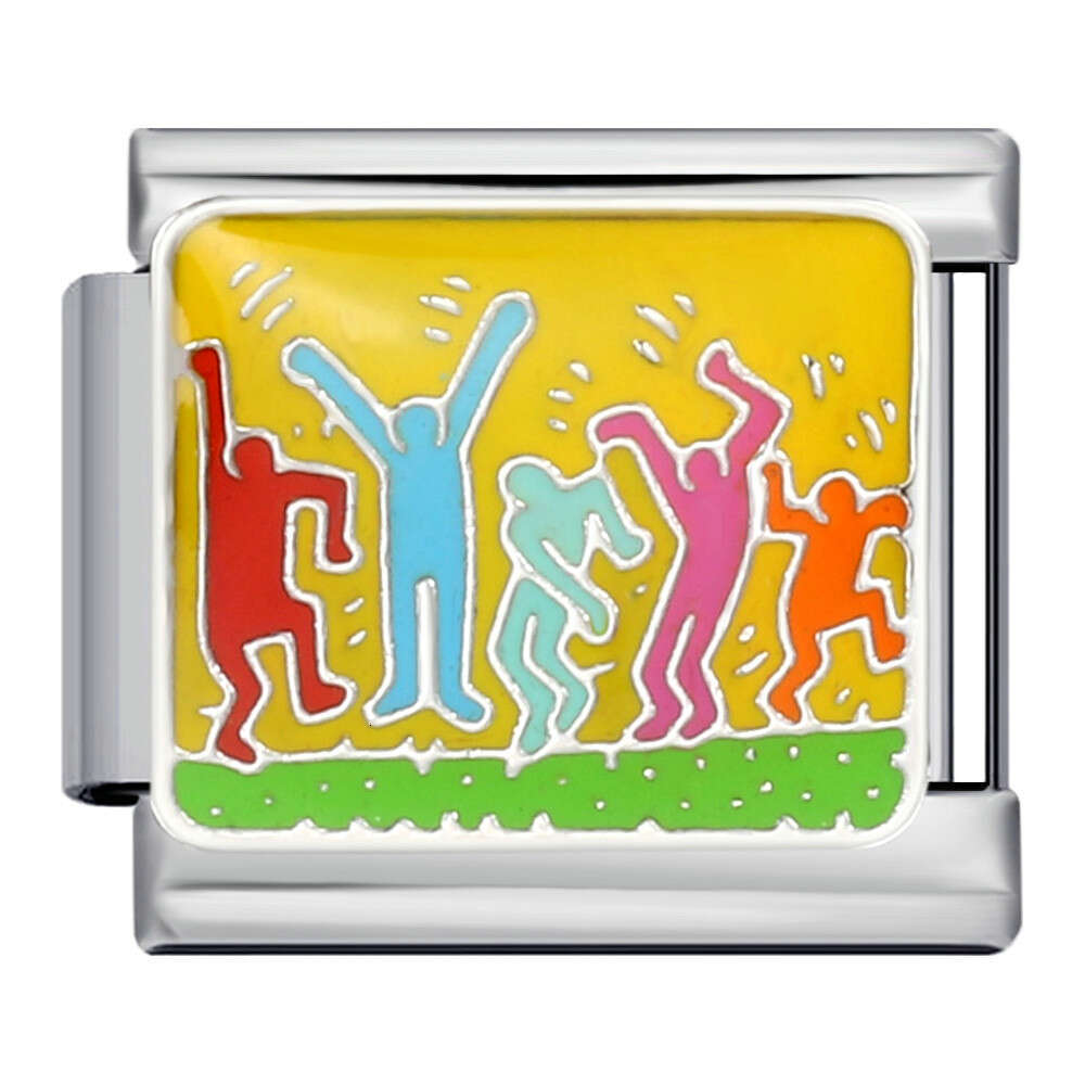 Fresh Illustration Series Bead Bracelet Titanium Gold Plated Enamel DIY Welding Pattern Strap Chain Italian Charm Links Fit 9Mm Bracelet Jewelry DIY M