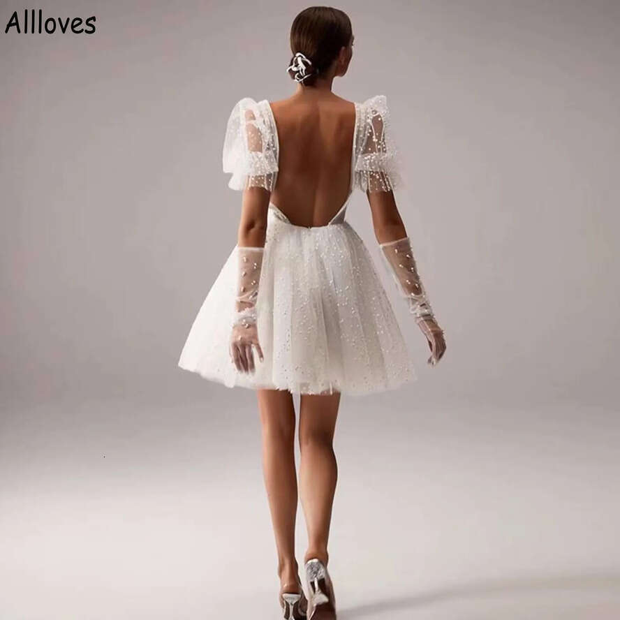 Neck Mini Plunging V A E Wedding Dresses Tulle Pearls Beaded Boho Beach Bridal Gowns With Puffy Short Sleeves Sexy Open Back White Reception Dress For