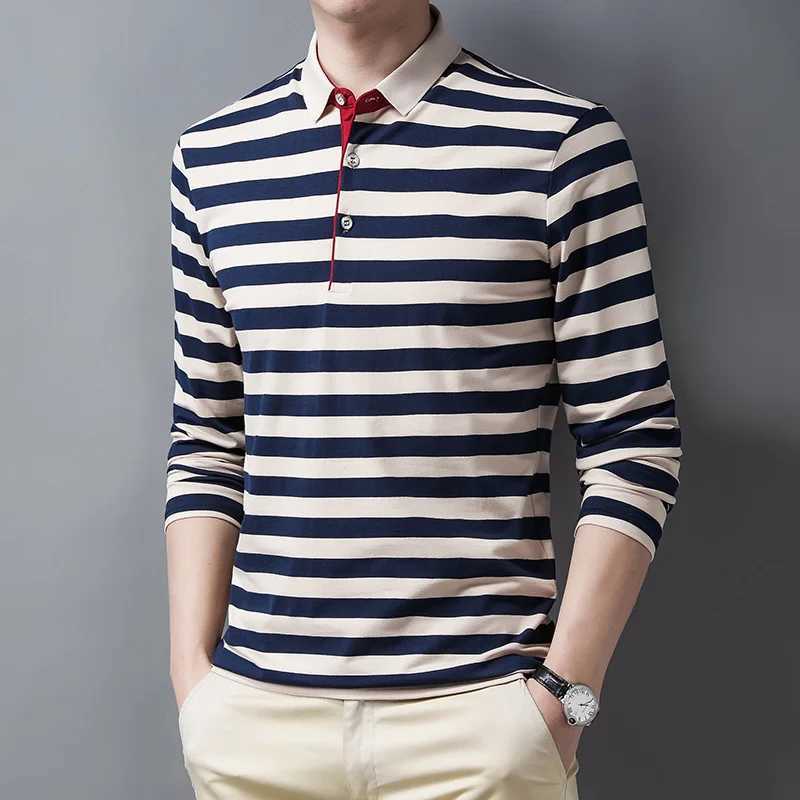 Simple trend autumn mens lapel striped button contrasting color fashionable casual loose long sleeved polo shirt top W240913