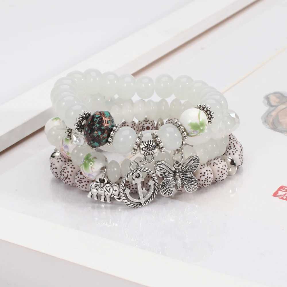 Bohemian Bracelet Set Womens Stackable Butterfly Elephant Anchor Pendant Bead Bracelet W240913