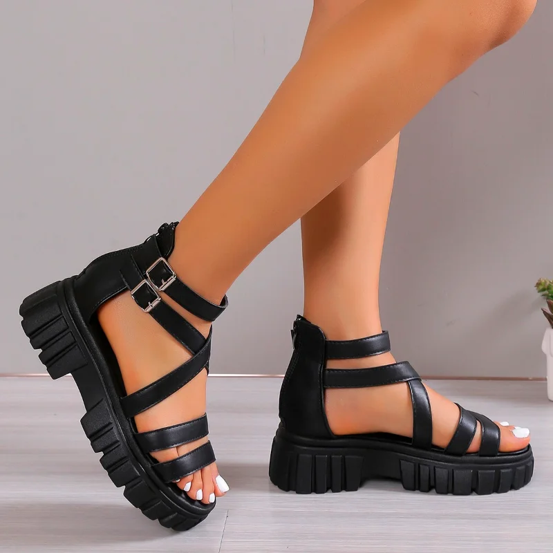 2025 new Roman Summer Double Buckle Women Sandals Casual Platform Thick Heel Fashion Sandales Ladies Shoes Black Sandalias e6f9