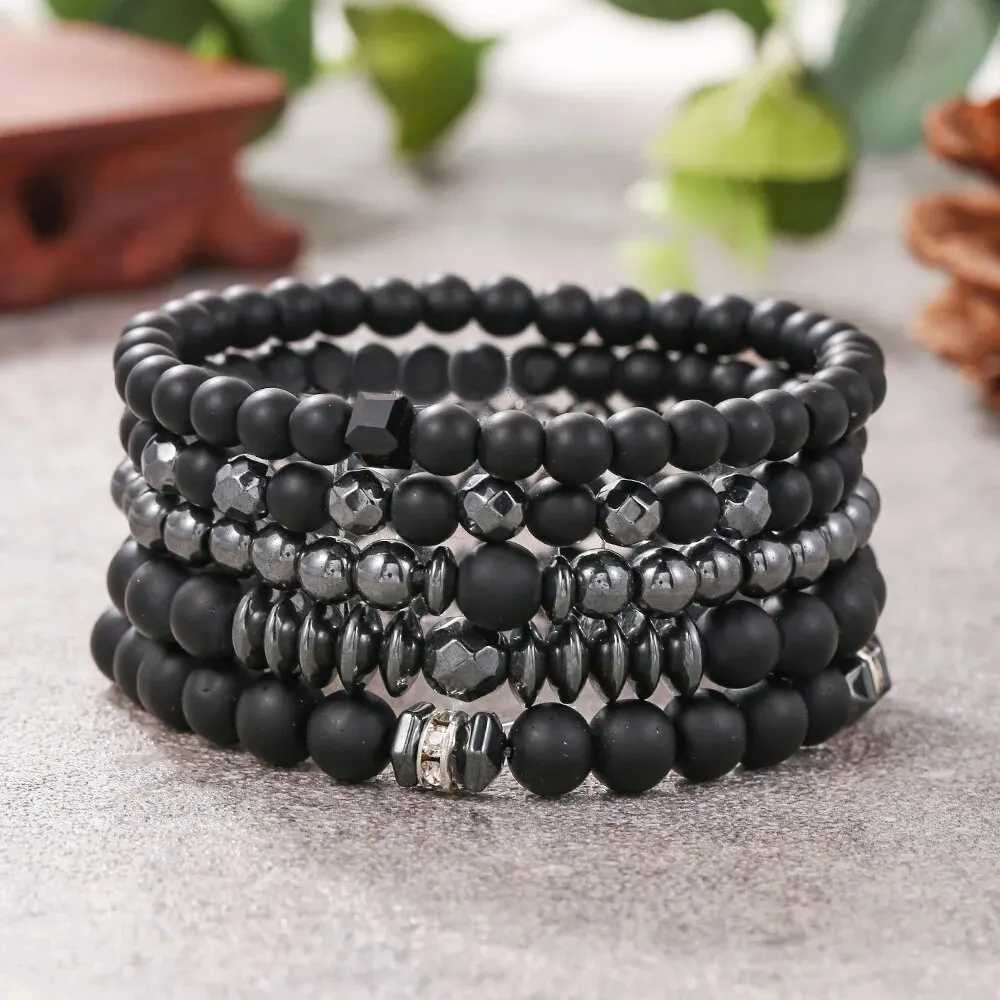 5-piece/set couple matte bracelet fashionable natural stone multi-layer bead charm bracelet W240913