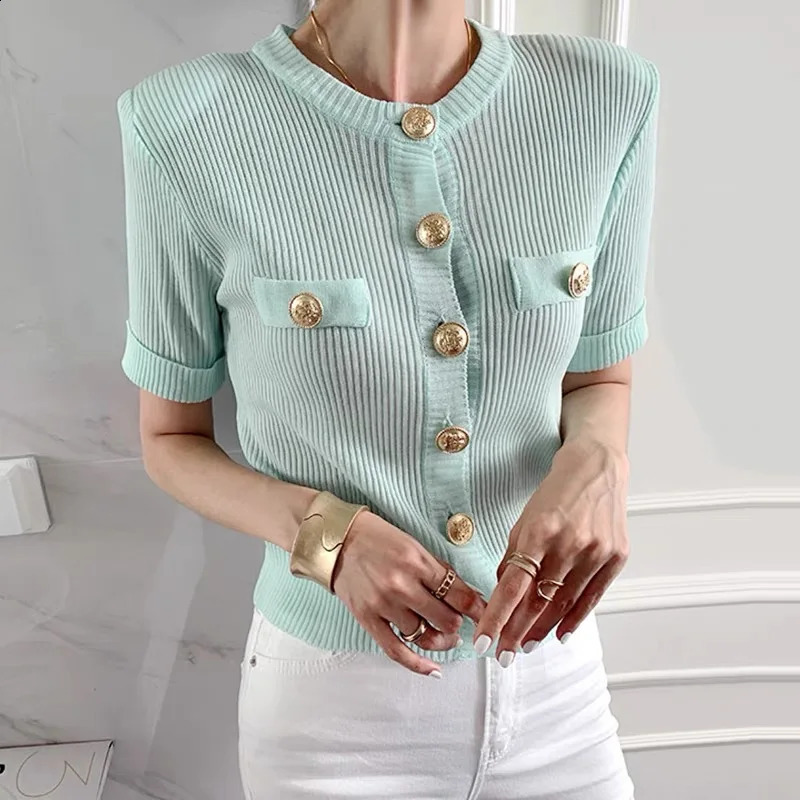 Runway Korean Chic Womens Clothes Cardigan Summer Elegant Oneck Big Button n Slim Female Short Knitting Top Tees 240910