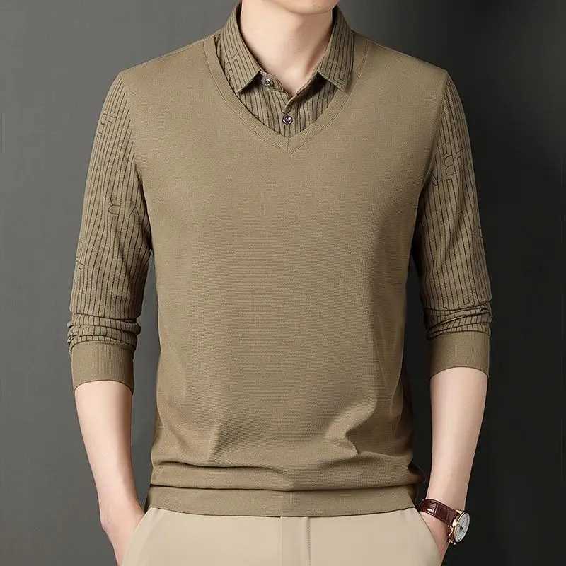 Fashionable mens retro long sleeved striped polo shirt spring and autumn basic mens dress casual top W240913