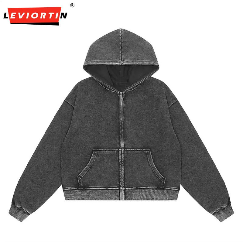 Retro mens heavy-duty 350gsm zipper hooded jacket streetwear unisex loose washable cotton hooded sweater jacket hip-hop jacket 240906