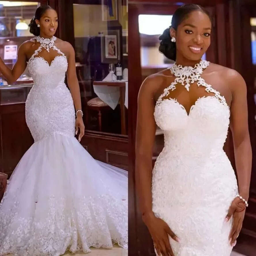 Wedding Country Style Mermaid Dre Halter Appliqued Lace Elegant Bridal Dree Beach Fulllace Tulle Bride Chapel Plu Size Gown For Black Women Cdw E