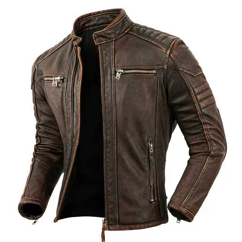 Top-Quality Cowhide Genuine Leather Jacket Mens Fashion Retro Old Collar Biker Jacket Spring And Autumn New StyleX240913