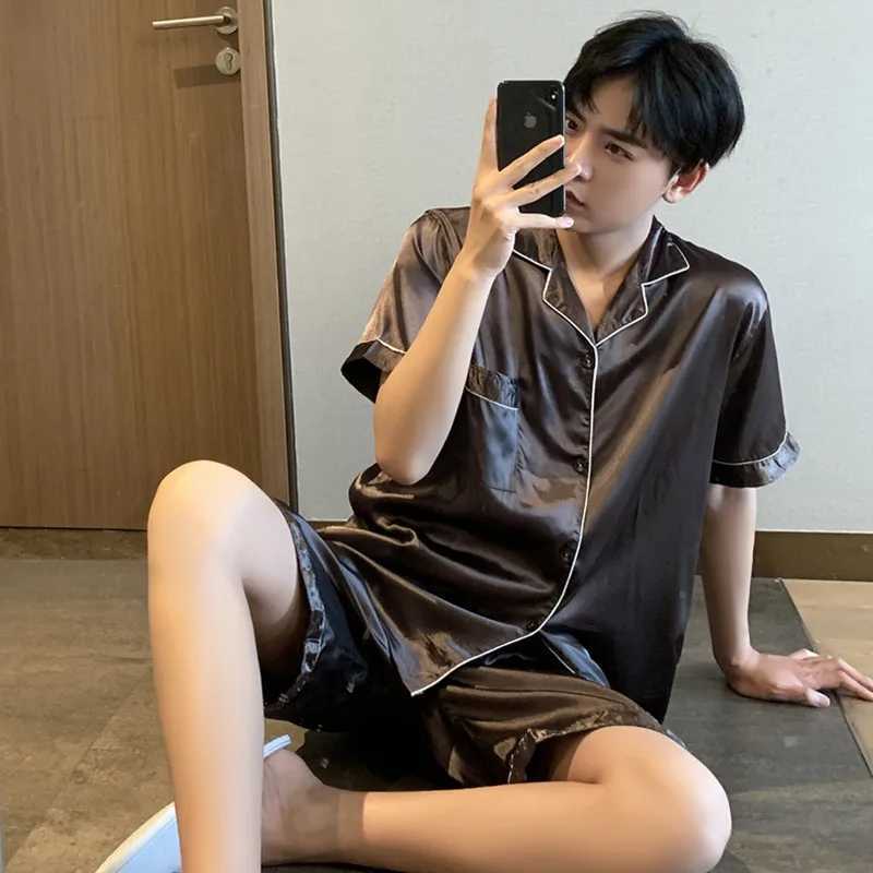 New Summer Men Satin Silk Pajamas Sets Korean Style of T-Shirt Shorts Male Pijama Sleepwear Leisure Plus Size Home Clothing Y240913