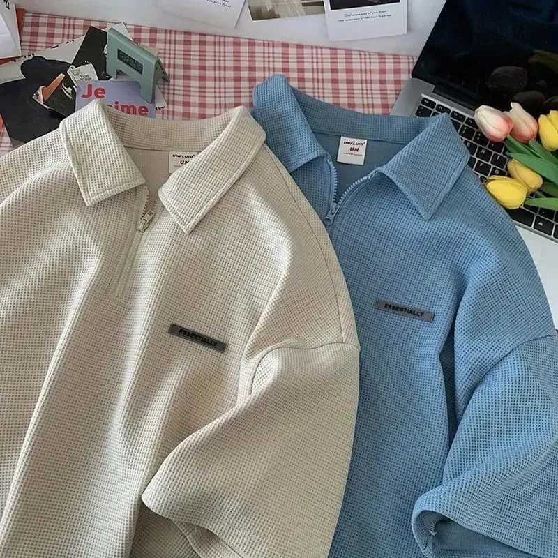 Fashionable half zipper mens summer T-shirt Hong Kong style long sleeved polo shirt casual loose mens top W240913