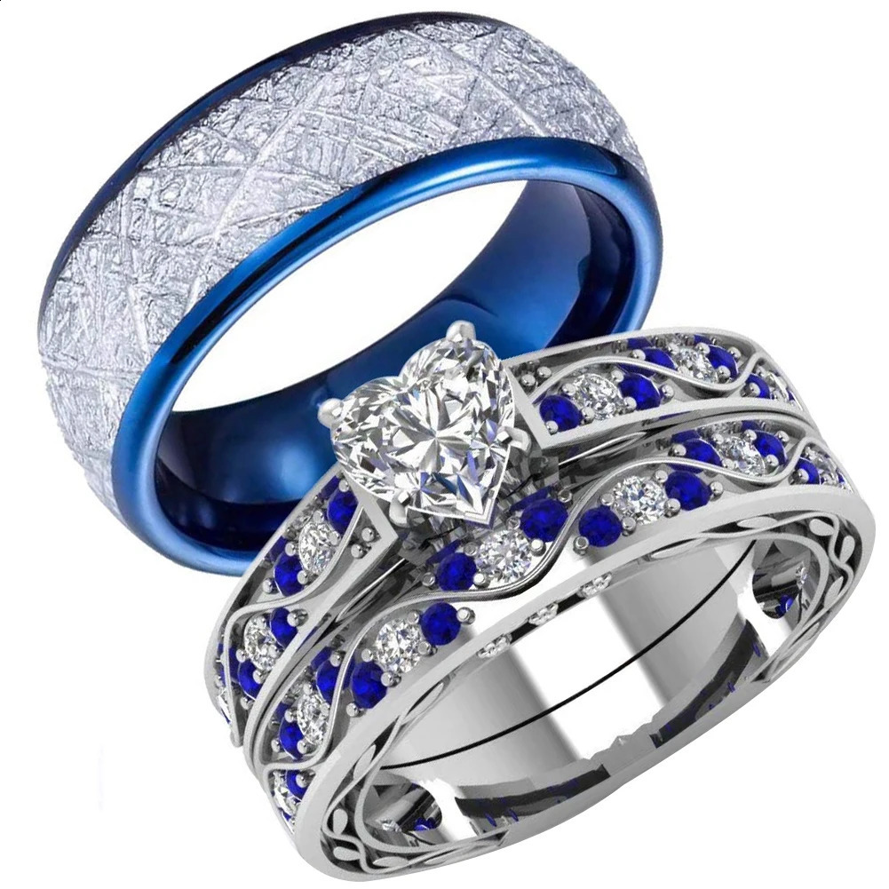 Fashionable romantic couple ring fashionable womens heart-shaped zircon ring set mens blue stainless steel ring wedding jewelry gift 240912