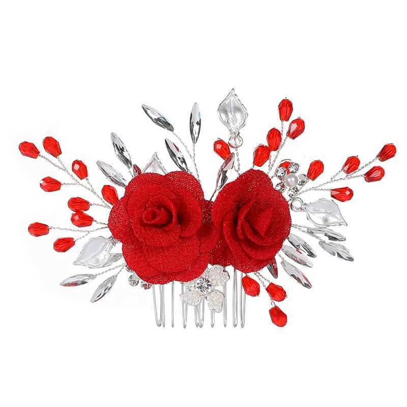 Fashion Crystal Wedding Hair Comb Hair Accessories Bride Red Flower Headpiece Wedding Headband Women Tiara Wedding Hair ClipsX240913