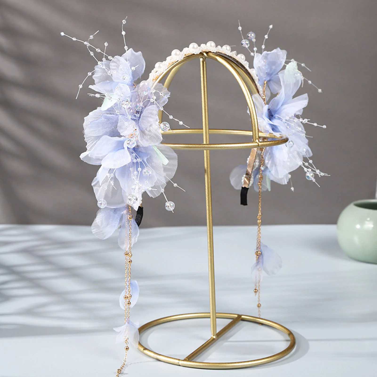 Flower Pearl Headbands Wedding Hair Accessories For Women Pink/blue Color Floral Fringe Hair Hoop Bride Chinese Head JewelryX240913