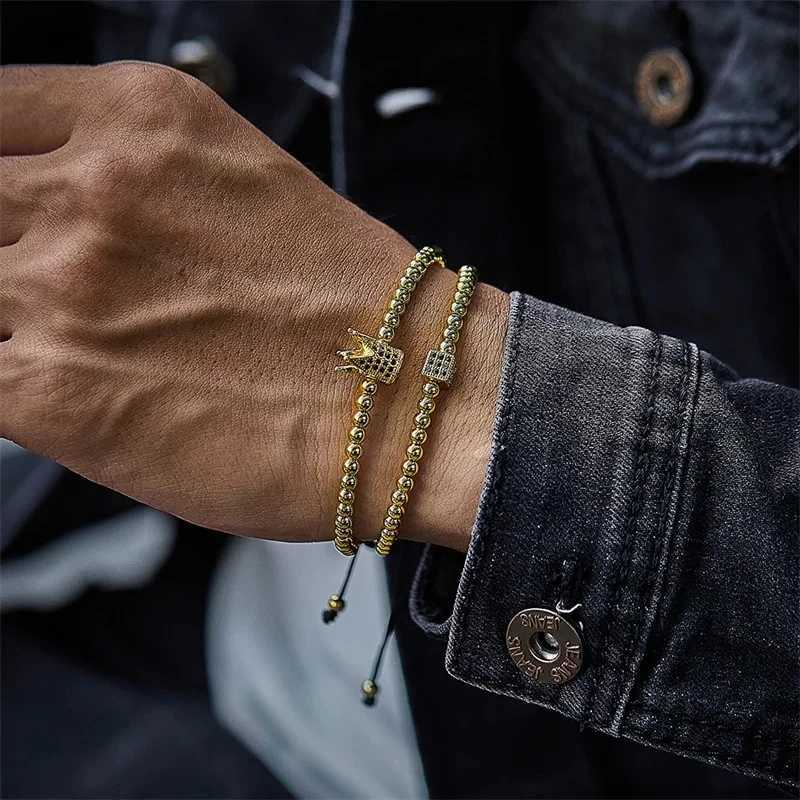 2Pcs/Sets Classic Men Crown Stainless Steel Beads Bracelet Rectangle Linear Inlaid Zircon Punk Charms Bracelet Man Women JewelryX240913
