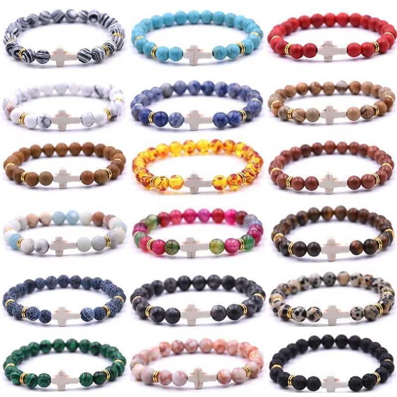 8mm bead natural stone bracelet suitable for women elastic yoga cross charm bracelet W240913