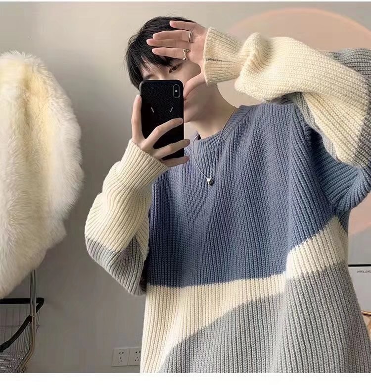 Men Sweaters Color blocking round neck sweater men autumn and winter trend thick knit sweater loose and lazy style hundred tie jacket Mens crew neck s