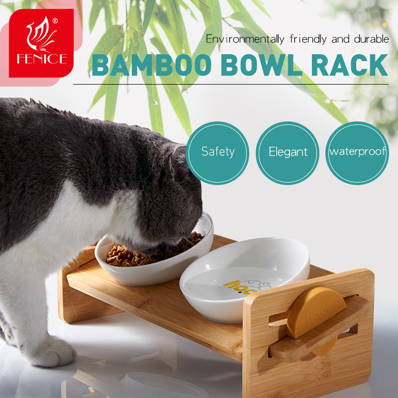 Fenice Cat Raised Bowl for Cats and Small Dog Adjustable Elevated Bamboo Stand Cats Food and Water Drinker Ceramic Bowls