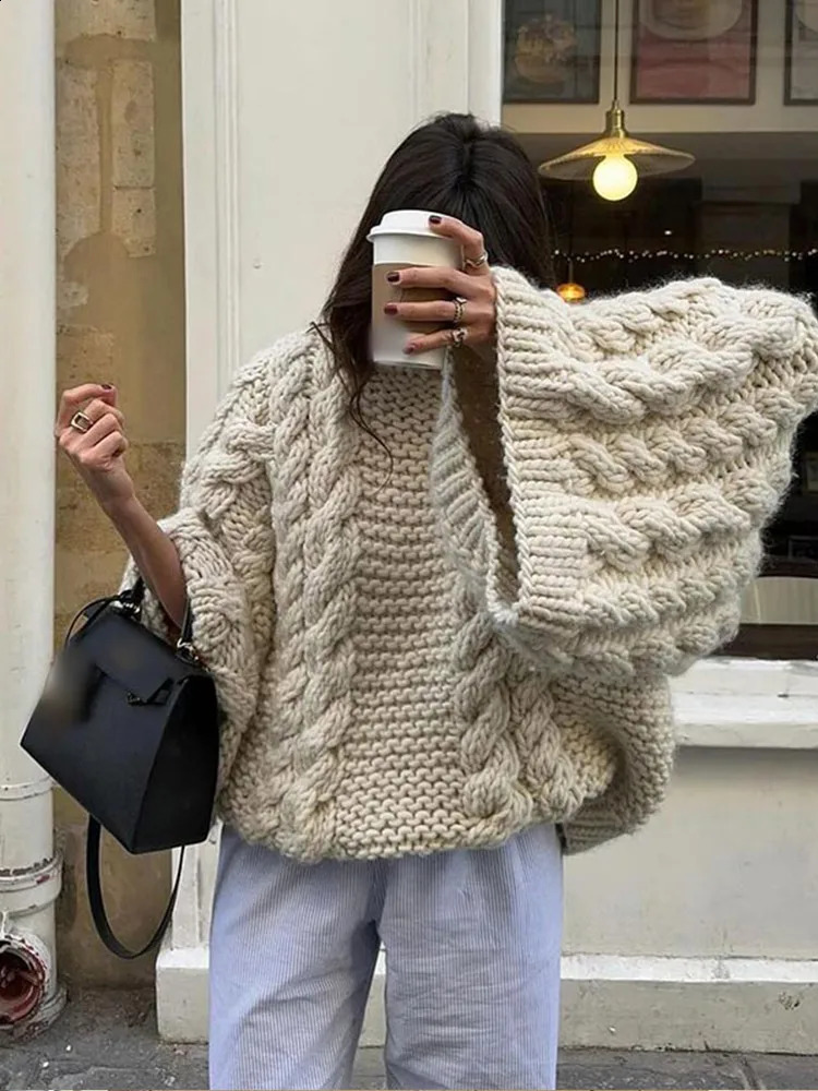 2024 Autumn Winter Oversize Knit Pullover Women Casual Lazy Round Neck Kintted Solid Sweater Female Loose Sleeves Knitwear Lady 240912