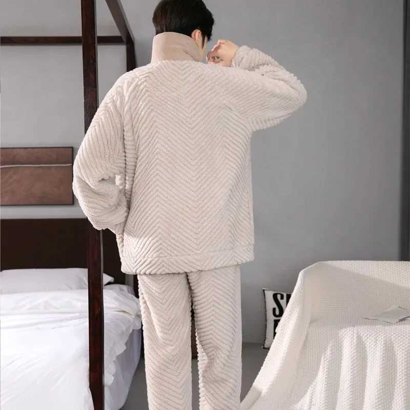 Letter Print Mens Zipper Pajama Sets Coral Fleece Winter Warm Pajamas Male Thick Homewear Stand Collar Thermal Flannel Sleepwear Y240913