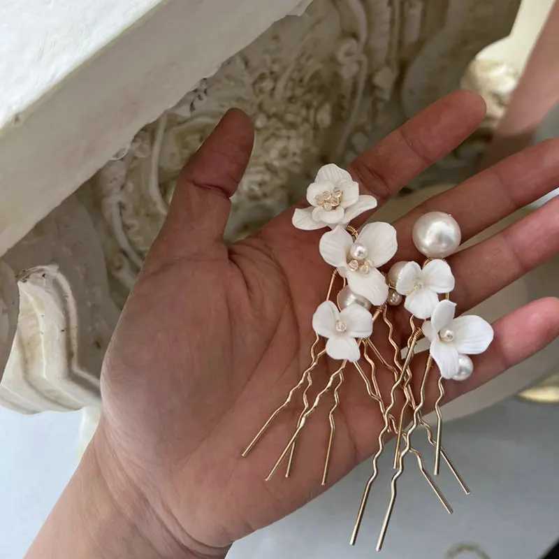 6Pcs/Set Ceramic Flower Bridal Hairpin Tiara Accessories New Arrival Simple Pearl Wedding Headpiece Jewelry For WomenX240913