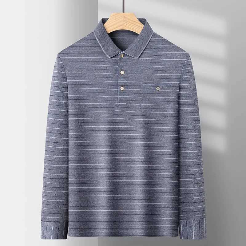 Spring and Autumn mens striped lapel business casual T-shirt middle-aged and elderly dad long sleeved polo shirt sweat absorbing high color W240913