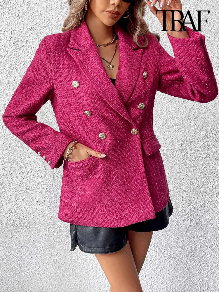 TRAF Women Fashion Double Breasted Tweed Blazer Coat Vintage Long Sleeve Flap Pockets Female Outerwear Chic Tops 240911