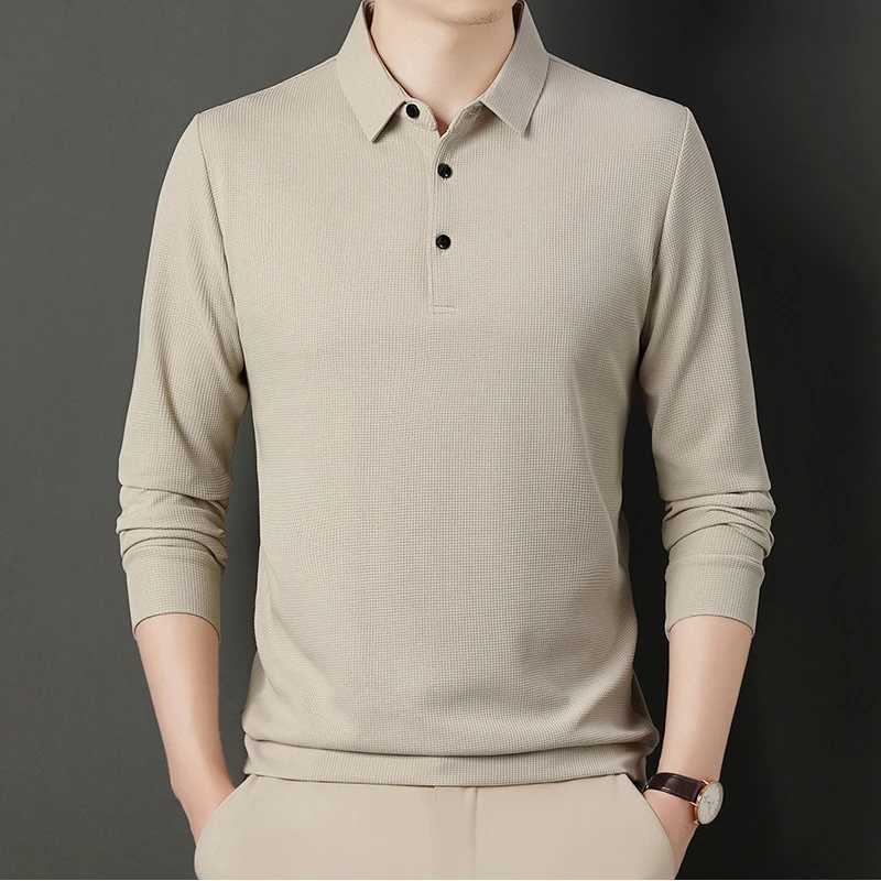 2024 Autumn waffle mens long sleeved polo shirt business casual slim fit elastic top fashion classic solid color mens brand T-shirt W240913