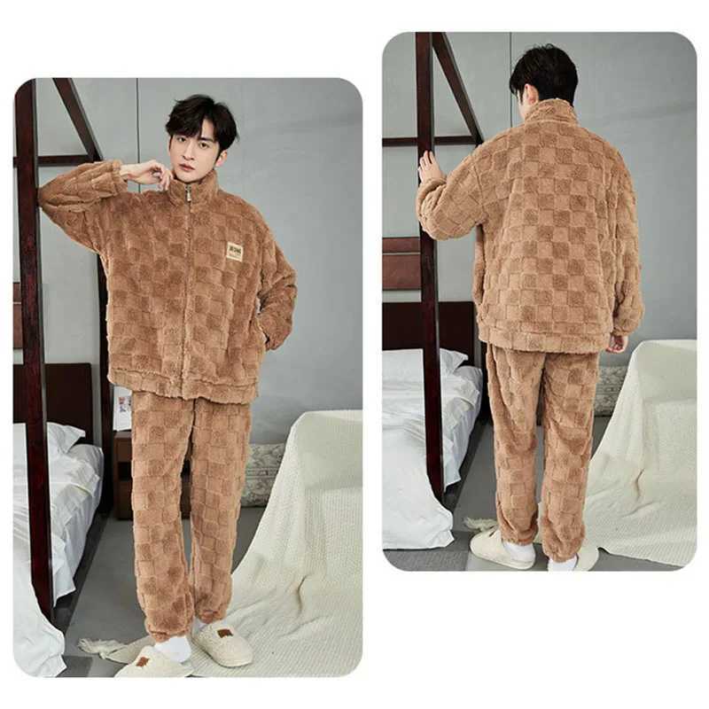 Autumn and Winter Long Plush Mens Pajamas Plaid Flannel Pyjama Pants 2 Piece Home Wear Man Velvet Thickened Sleepwear Zipper Pj Y240913