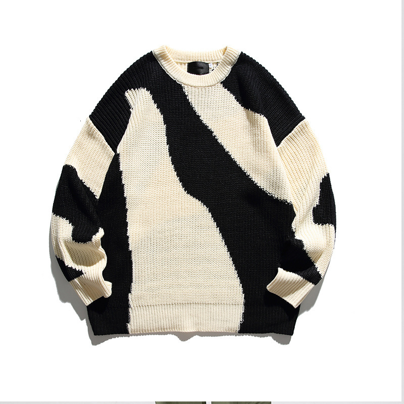 Men Sweaters American retro color blocked round neck sweater Korean version mens loose and trendy long sleeved casual knit sweater Mens crew neck swea